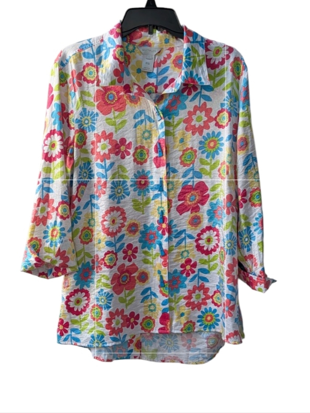 Multiples , Vibrant Color Floral Button Down Tunic / Light Jacket. Large NWT.